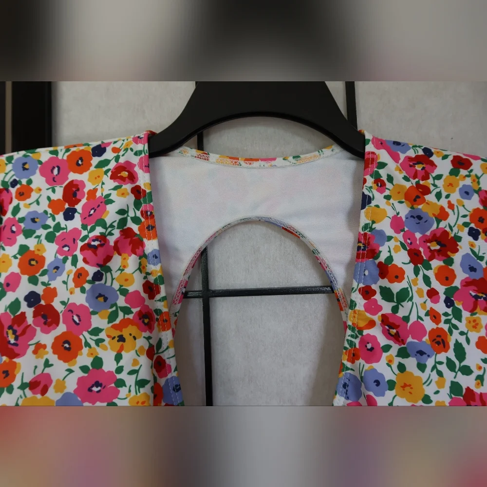 SHEIN Red Pink Floral Long Sleeve Cut Out Tie Chest Swimsuit Plus Size 2XL NWOT